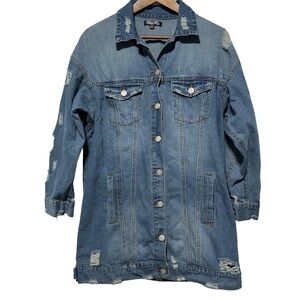 Chocolate USA Long Blue Distressed Jean Jacket 30” Streetwear Vintage S